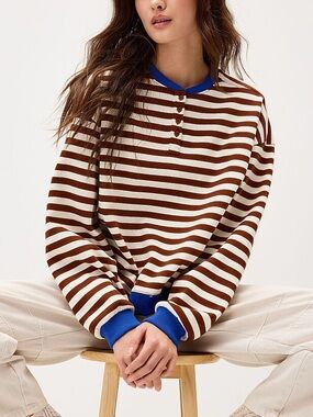 Striped Brown & Cream Long-Sleeve Top with Blue Trim